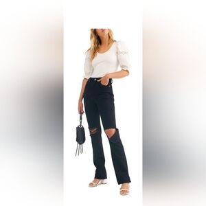 We The Free People Jeans In My Own Lane Straight Black Destroyed Wash 24